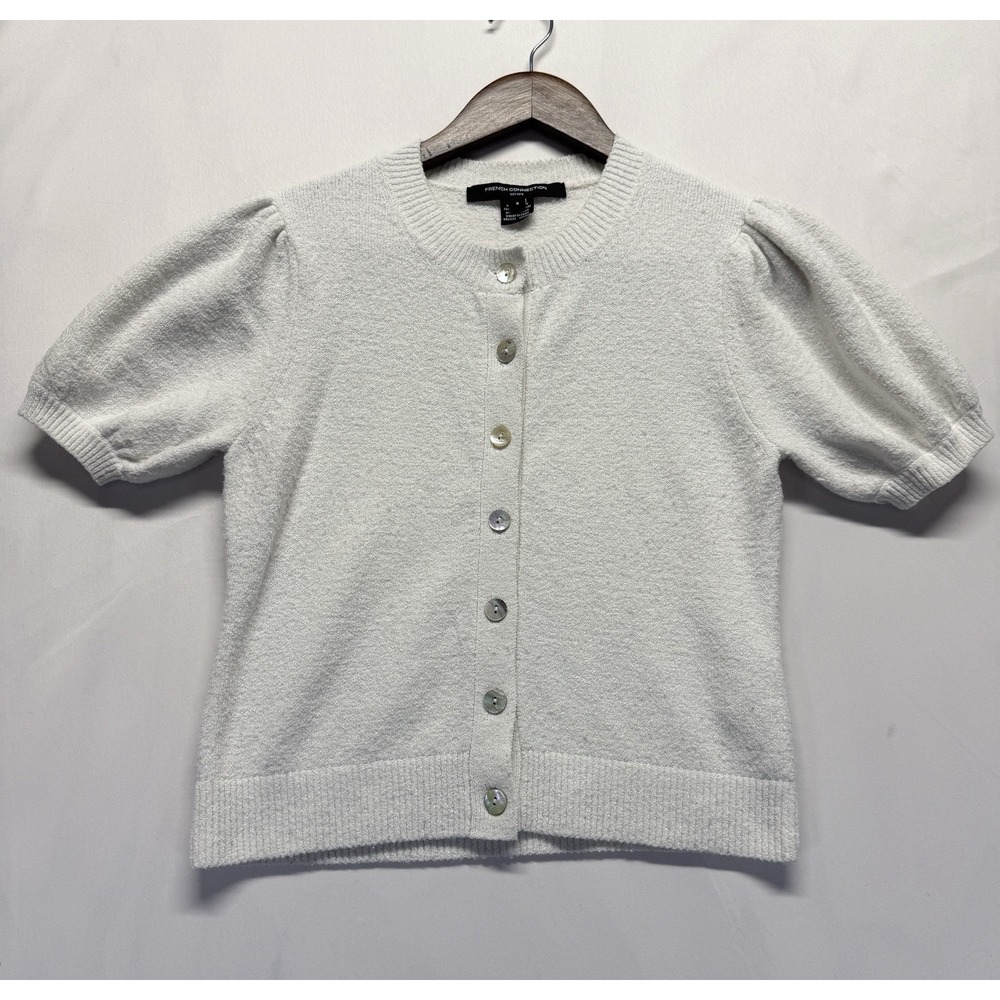 French Connection Womens SM Ivory Knit Cardigan Puff Sleeve Button Front Sweater